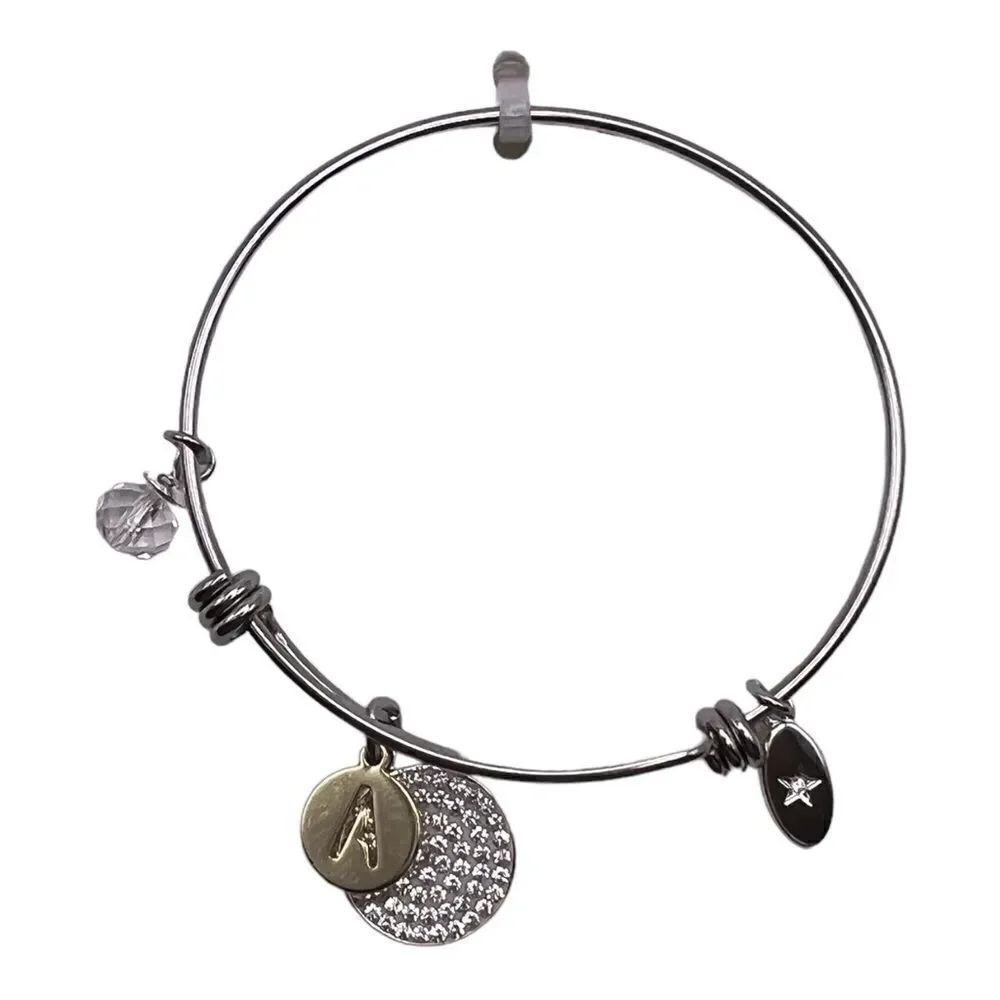 Unwritten Pave and Disc Bangle Bracelet "A" Amazing Stainless Steel New